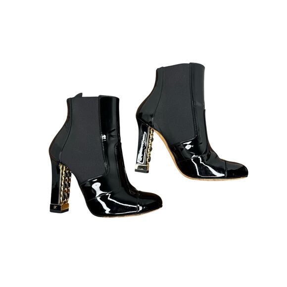 Chanel Black Patent Leather Chain Detail Block Heel Ankle Boots EU 38 CC Booties - Picture 1 of 11